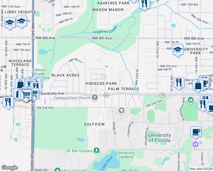 map of restaurants, bars, coffee shops, grocery stores, and more near 202 Northwest 26th Street in Gainesville