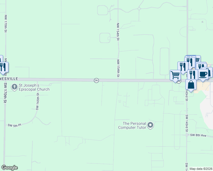map of restaurants, bars, coffee shops, grocery stores, and more near 28 Southwest 154th Street in Newberry