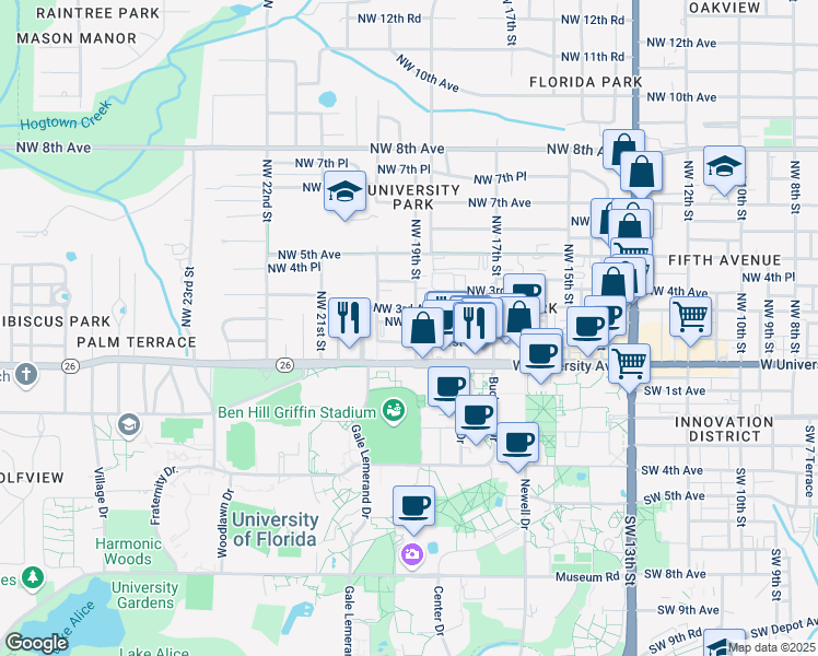 map of restaurants, bars, coffee shops, grocery stores, and more near 1915 Northwest 2 Avenue in Gainesville