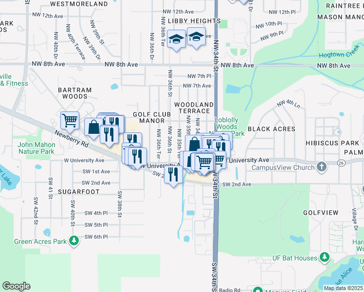 map of restaurants, bars, coffee shops, grocery stores, and more near 117 Northwest 35th Terrace in Gainesville