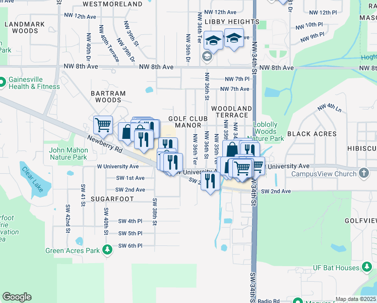 map of restaurants, bars, coffee shops, grocery stores, and more near 117 Northwest 36th Drive in Gainesville