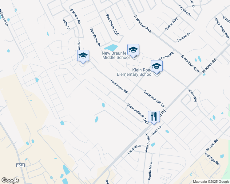 map of restaurants, bars, coffee shops, grocery stores, and more near 2567 Diamondback Trail in New Braunfels