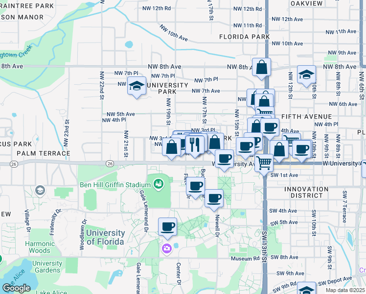map of restaurants, bars, coffee shops, grocery stores, and more near 1819 Northwest 2 Avenue in Gainesville