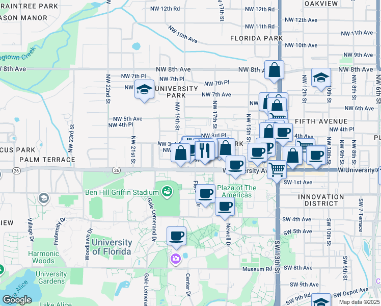 map of restaurants, bars, coffee shops, grocery stores, and more near 1819 Northwest 2 Avenue in Gainesville