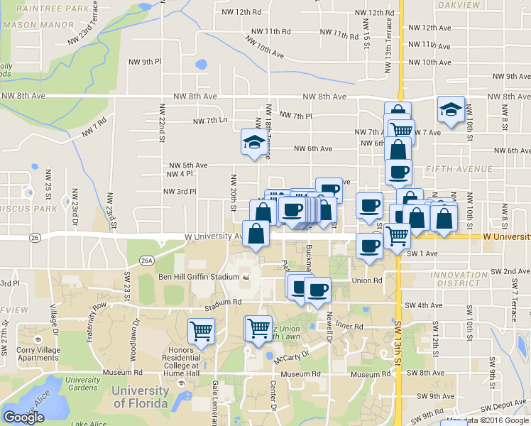 map of restaurants, bars, coffee shops, grocery stores, and more near 1819 Northwest 2 Avenue in Gainesville