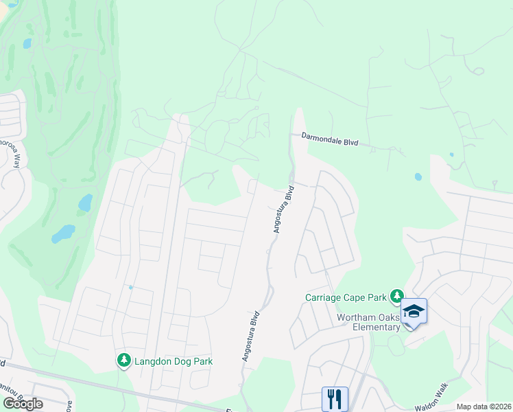 map of restaurants, bars, coffee shops, grocery stores, and more near 23019 Angostura Boulevard in San Antonio