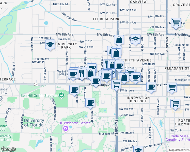 map of restaurants, bars, coffee shops, grocery stores, and more near 111 Northwest 16th Street in Gainesville