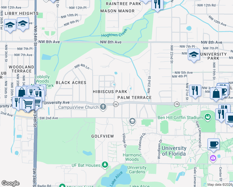 map of restaurants, bars, coffee shops, grocery stores, and more near 203 Northwest 25 Street in Gainesville