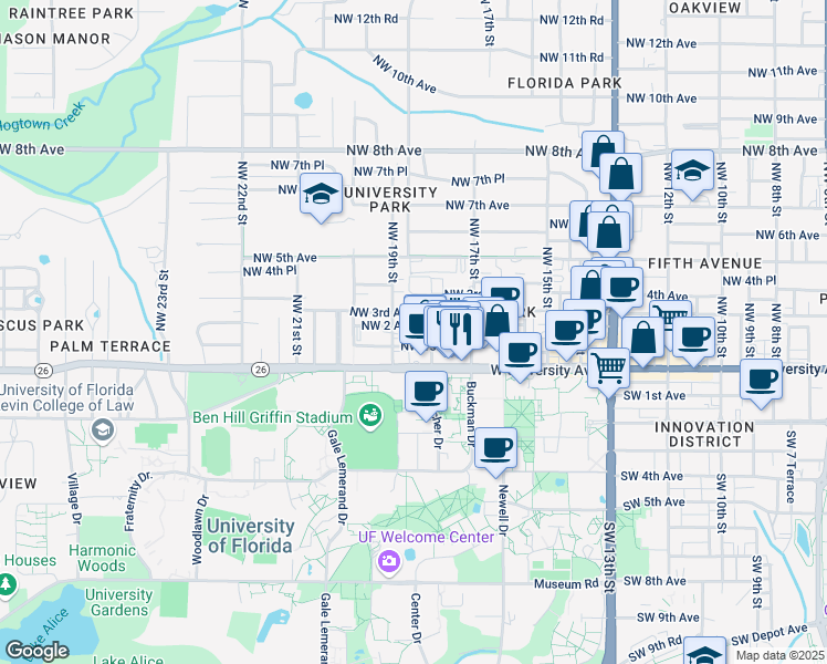 map of restaurants, bars, coffee shops, grocery stores, and more near 1819 Northwest 2 Avenue in Gainesville