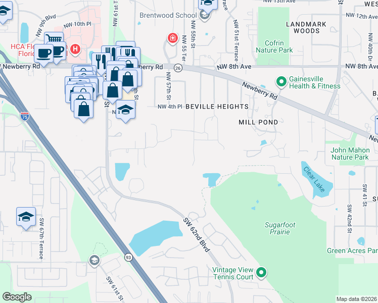 map of restaurants, bars, coffee shops, grocery stores, and more near 110 Northwest 55th Street in Gainesville