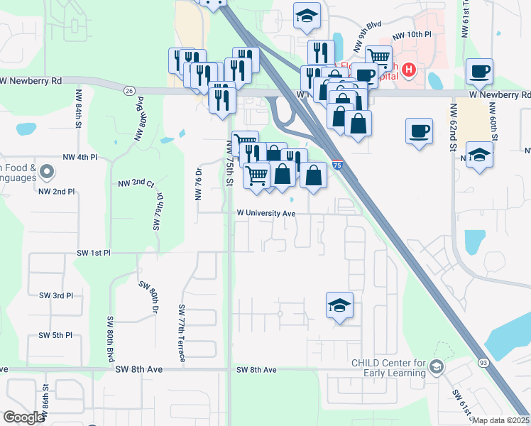 map of restaurants, bars, coffee shops, grocery stores, and more near 7219 West University Avenue in Gainesville