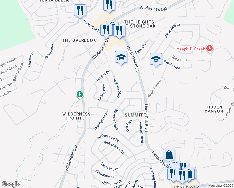 map of restaurants, bars, coffee shops, grocery stores, and more near 22731 San Saba Bluff in San Antonio