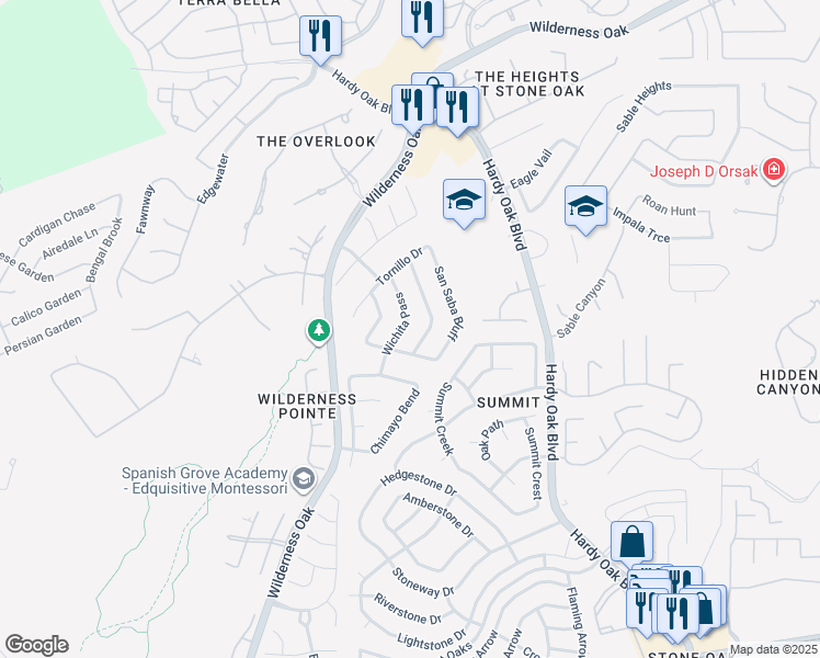 map of restaurants, bars, coffee shops, grocery stores, and more near 22718 Wichita Pass in San Antonio