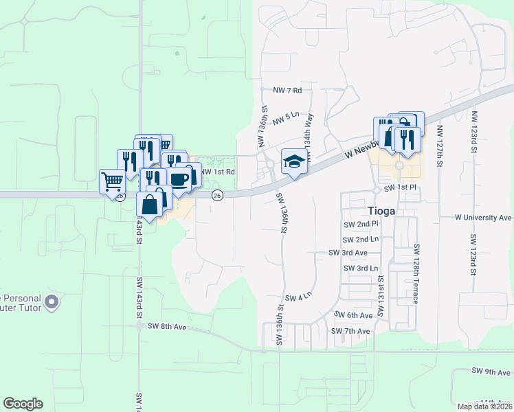 map of restaurants, bars, coffee shops, grocery stores, and more near 13717 Southwest 1st Road in Newberry