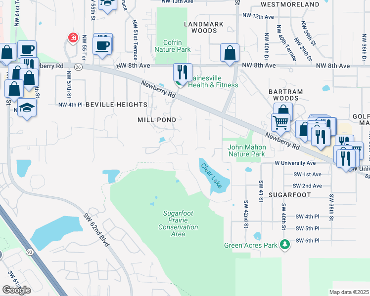 map of restaurants, bars, coffee shops, grocery stores, and more near 129 Northwest 48th Boulevard in Gainesville