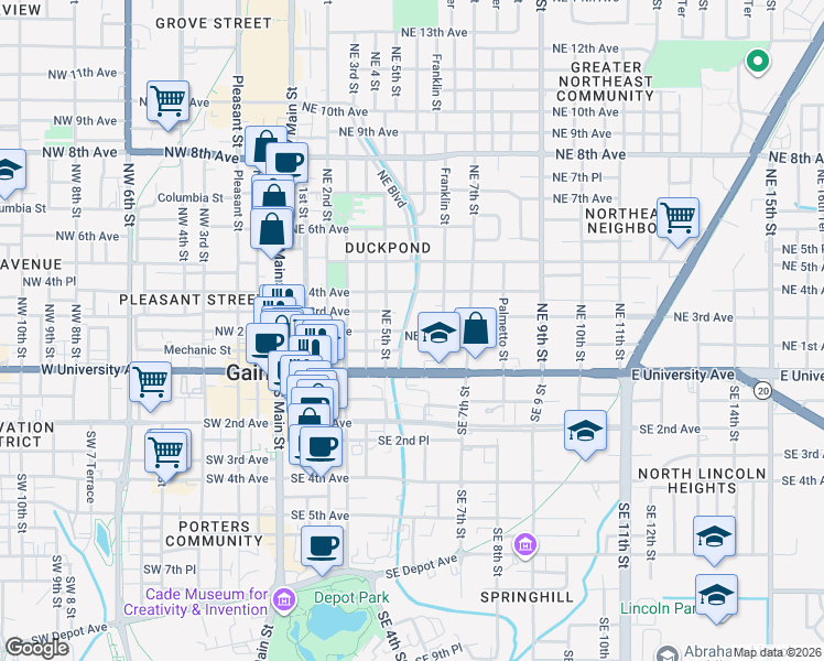 map of restaurants, bars, coffee shops, grocery stores, and more near 211 Northeast Boulevard in Gainesville