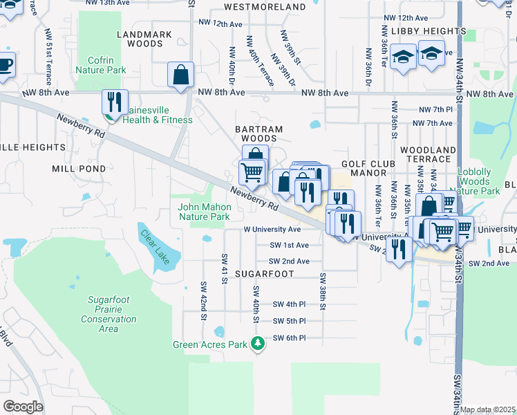 map of restaurants, bars, coffee shops, grocery stores, and more near 3947 Florida 26 in Gainesville