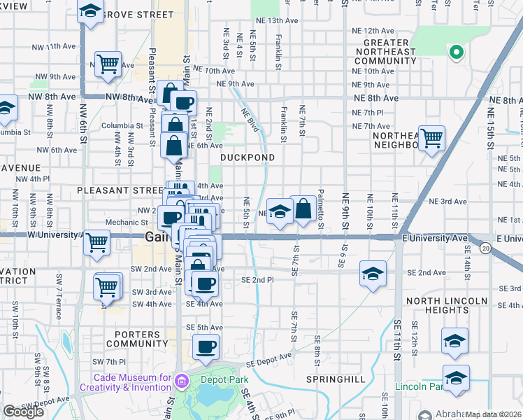 map of restaurants, bars, coffee shops, grocery stores, and more near 211 Northeast Boulevard in Gainesville