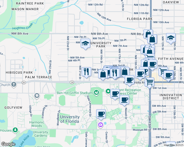 map of restaurants, bars, coffee shops, grocery stores, and more near 120 Northwest 20th Street in Gainesville