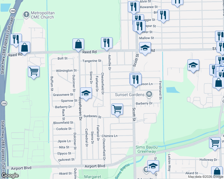 map of restaurants, bars, coffee shops, grocery stores, and more near 9513 Ashville Drive in Houston