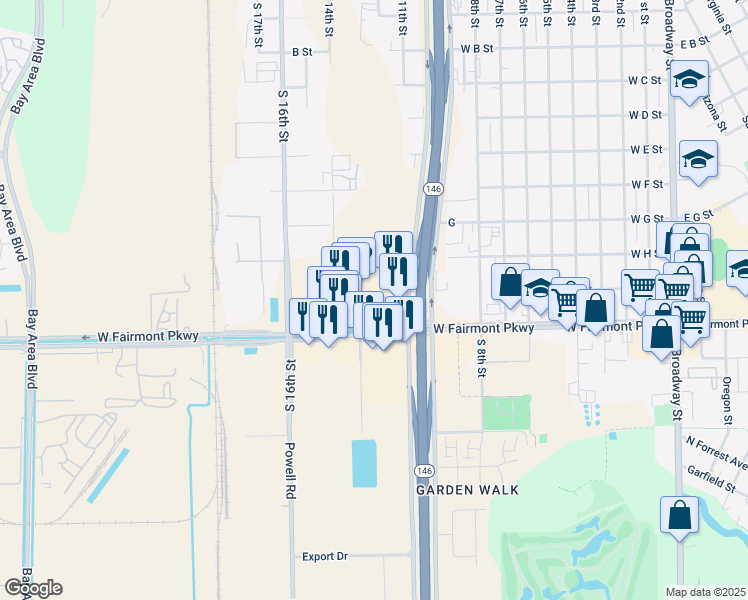map of restaurants, bars, coffee shops, grocery stores, and more near 1300 West Fairmont Parkway in La Porte