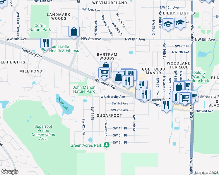 map of restaurants, bars, coffee shops, grocery stores, and more near 3947 Florida 26 in Gainesville