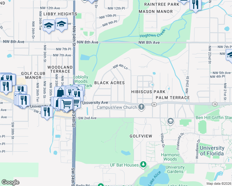 map of restaurants, bars, coffee shops, grocery stores, and more near 112 Northwest 29th Street in Gainesville