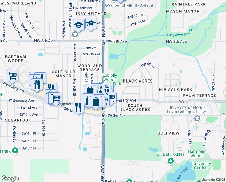 map of restaurants, bars, coffee shops, grocery stores, and more near 112 Northwest 33 Court in Gainesville