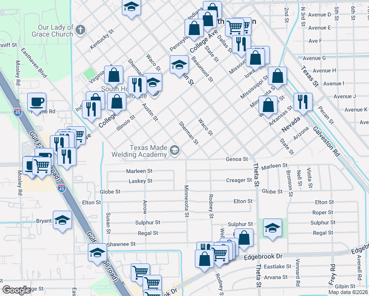 map of restaurants, bars, coffee shops, grocery stores, and more near 1114 Mississippi Street in South Houston
