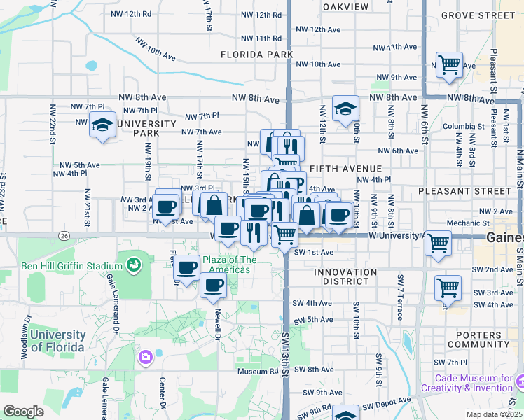map of restaurants, bars, coffee shops, grocery stores, and more near 1414 Northwest 2 Avenue in Gainesville