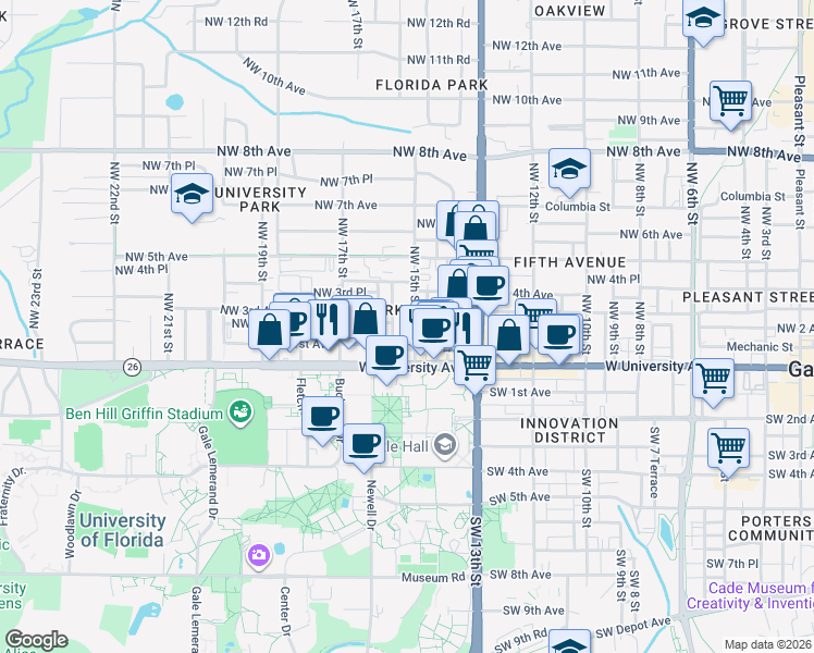 map of restaurants, bars, coffee shops, grocery stores, and more near 111 Northwest 16th Street in Gainesville