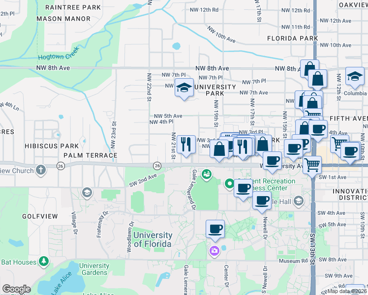 map of restaurants, bars, coffee shops, grocery stores, and more near 202 Northwest 20th Terrace in Gainesville