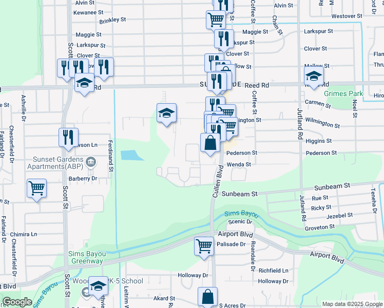 map of restaurants, bars, coffee shops, grocery stores, and more near 4647 Wenda Street in Houston