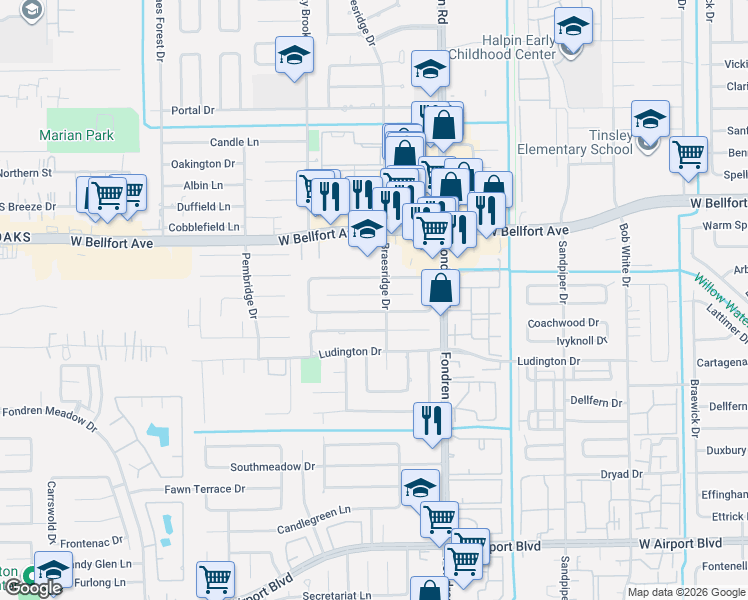 map of restaurants, bars, coffee shops, grocery stores, and more near 7603 Hopewell Lane in Houston