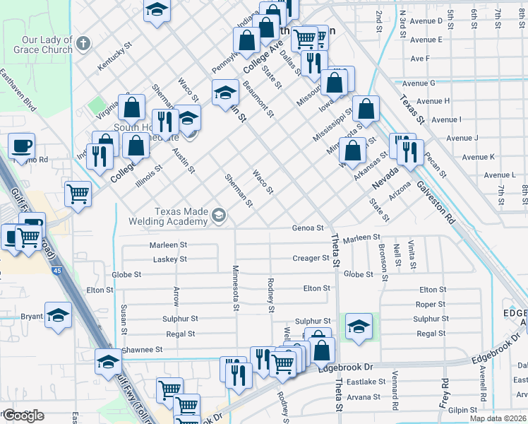 map of restaurants, bars, coffee shops, grocery stores, and more near 1016 Minnesota Street in South Houston