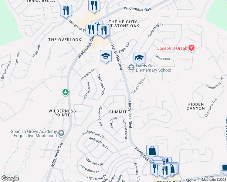 map of restaurants, bars, coffee shops, grocery stores, and more near 210 Jardin Vista in San Antonio
