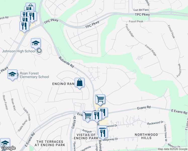 map of restaurants, bars, coffee shops, grocery stores, and more near 22800 Bulverde Road in San Antonio