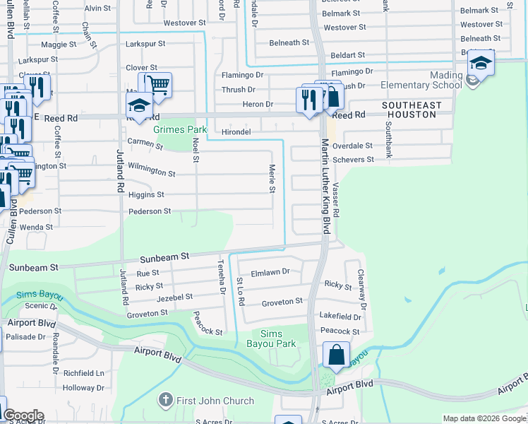 map of restaurants, bars, coffee shops, grocery stores, and more near 5338 Pederson Street in Houston