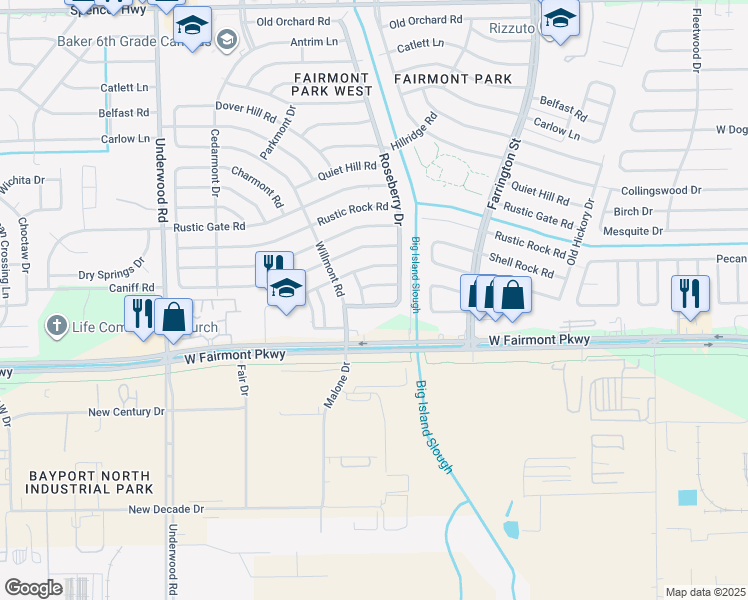 map of restaurants, bars, coffee shops, grocery stores, and more near 10111 Roseberry Drive in La Porte