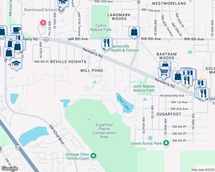 map of restaurants, bars, coffee shops, grocery stores, and more near 129 Northwest 48th Boulevard in Gainesville