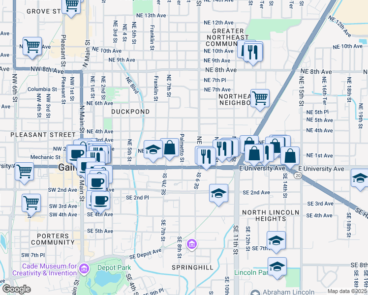 map of restaurants, bars, coffee shops, grocery stores, and more near 825 Northeast 3rd Avenue in Gainesville