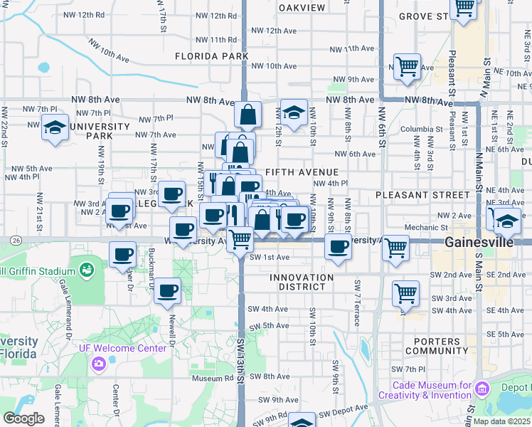 map of restaurants, bars, coffee shops, grocery stores, and more near 218 Northwest 12th Terrace in Gainesville
