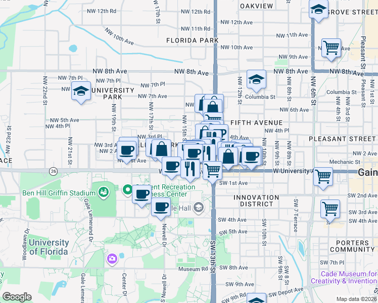 map of restaurants, bars, coffee shops, grocery stores, and more near 1414 Northwest 2 Avenue in Gainesville