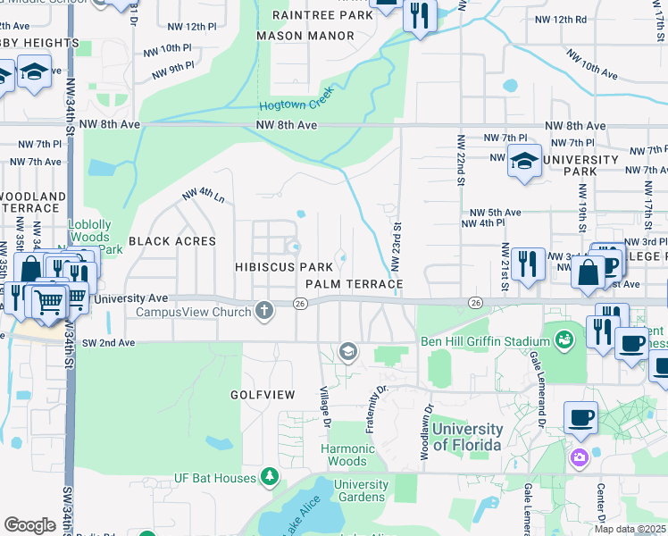 map of restaurants, bars, coffee shops, grocery stores, and more near 200 Northwest 24th Street in Gainesville