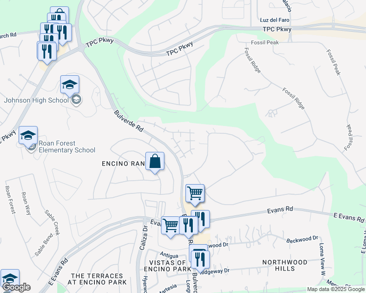 map of restaurants, bars, coffee shops, grocery stores, and more near 22800 Bulverde Road in San Antonio