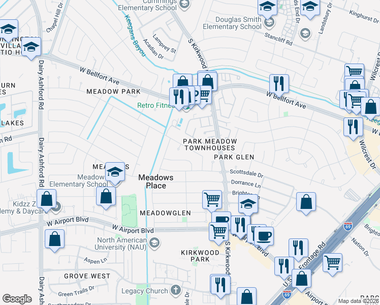 map of restaurants, bars, coffee shops, grocery stores, and more near 11838 Monticeto Lane in Stafford