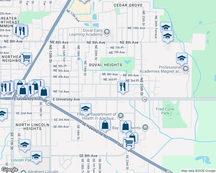 map of restaurants, bars, coffee shops, grocery stores, and more near 214 Northeast 21st Terrace in Gainesville