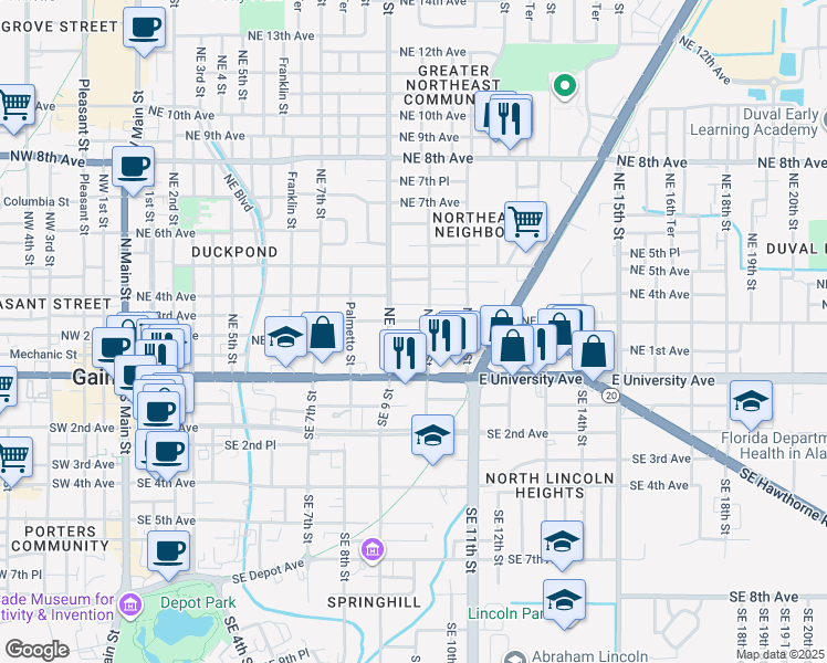 map of restaurants, bars, coffee shops, grocery stores, and more near 917 Northeast 3rd Avenue in Gainesville