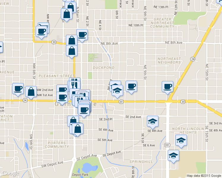 map of restaurants, bars, coffee shops, grocery stores, and more near 211 Northeast Boulevard in Gainesville