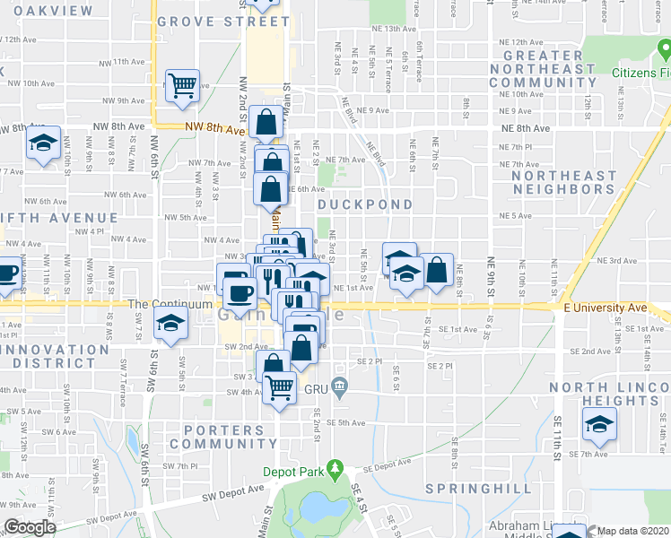 map of restaurants, bars, coffee shops, grocery stores, and more near 404 Northeast 2 Avenue in Gainesville